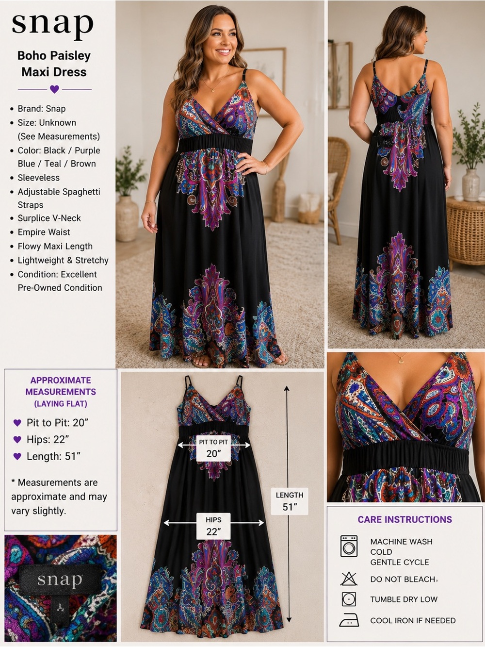 Snap Y2K Boho Paisley Empire Waist Maxi Dress Festival Vacation Large - Picture 2 of 6